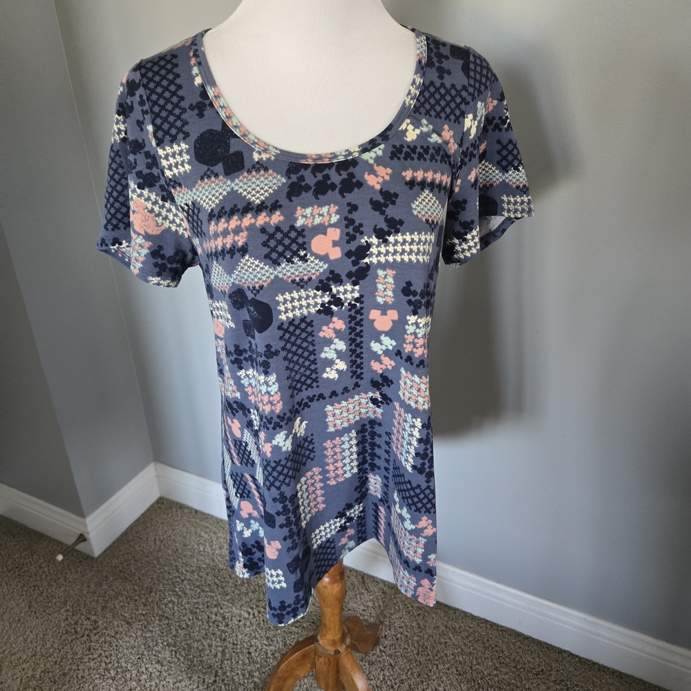 NWOT LuLaRoe Geometric Blue and Pink Disney Short Sleeve Top